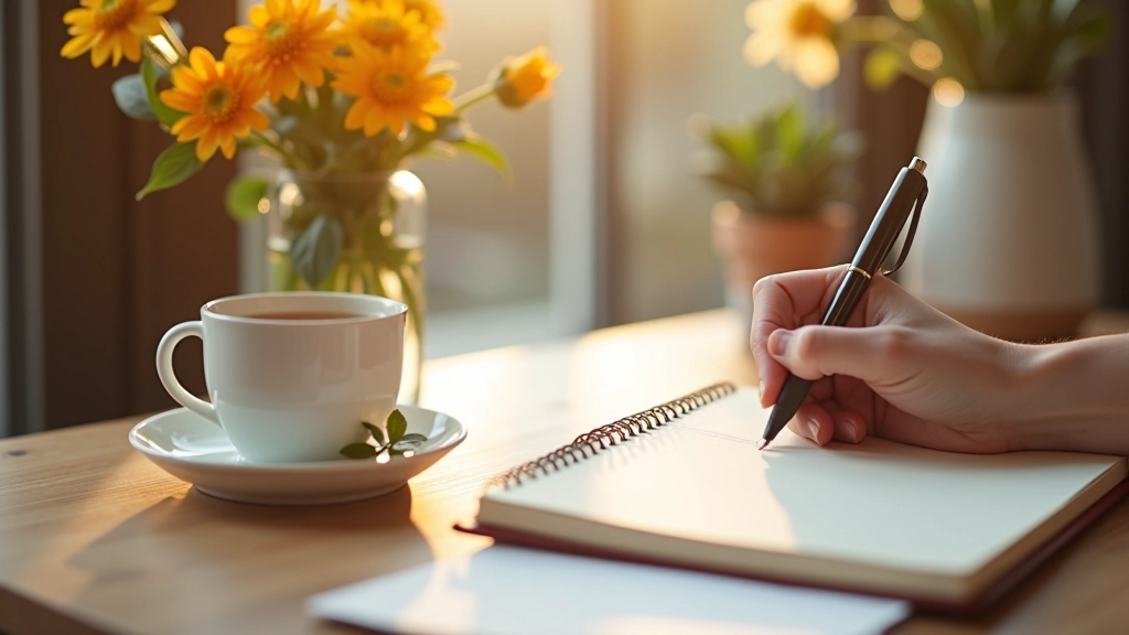 Ruka psající do deníku s květinou a hrnkem čaje vedle