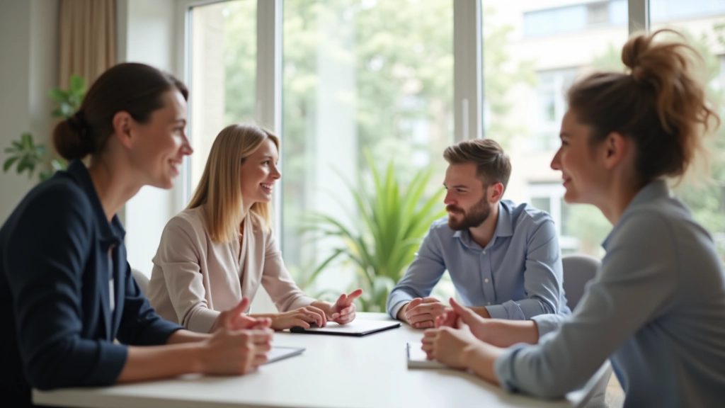 Tým čtyř lidí se setkává v jasné místnosti s bílými stěnami a diskutuje s otevřenou komunikací
