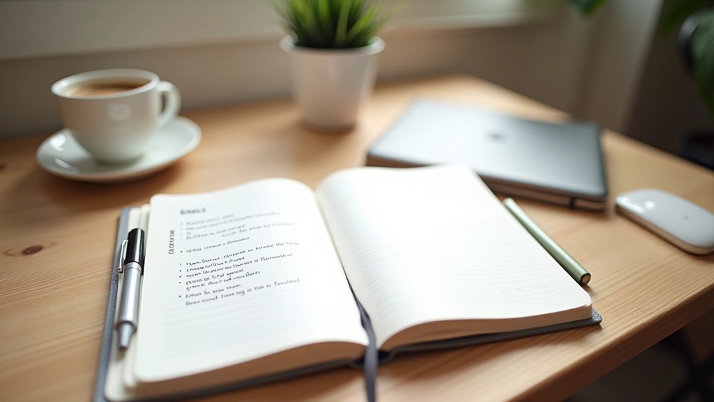 Deník rozevřený na pracovním stole s psacím pérem a poznámkami o cílech a plánech