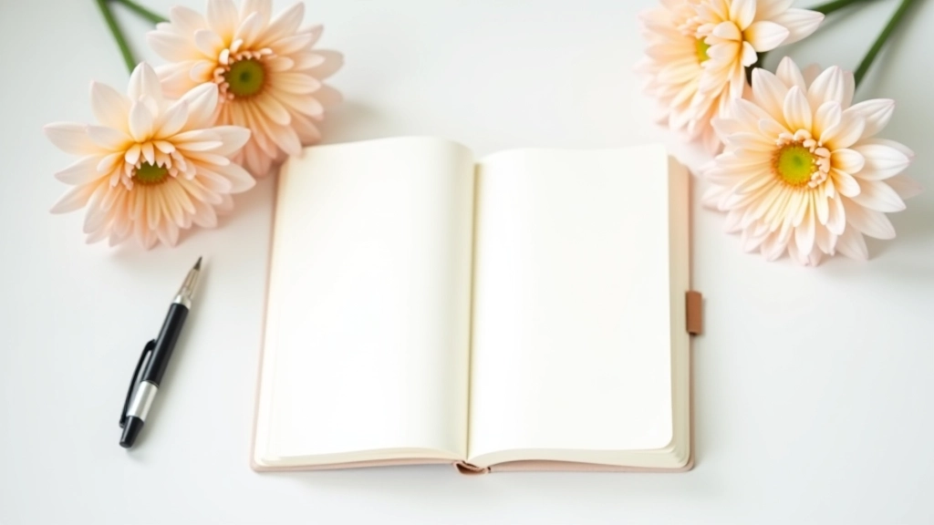 Deník s perem a květinou na stole, symbolizující denní praxi psaní vděčnosti