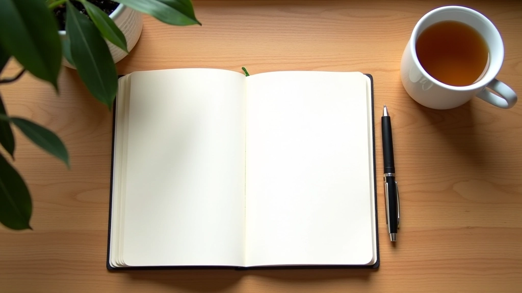 Příprava deníku s perem a poznámkovým blokem na ploše