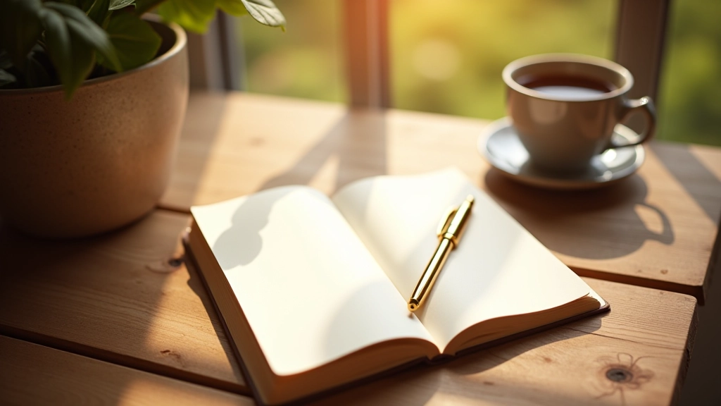 Otevřený deník se zlatým perem na dřevěném stole, ráno slunce