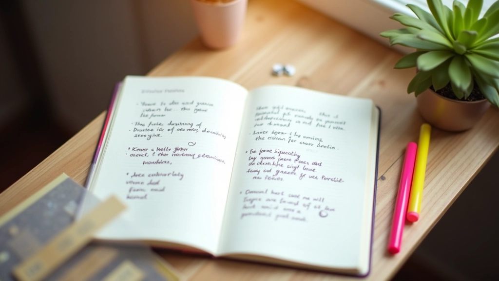 Otevřený deník s pozitivními myšlenkami a barevnými zvýrazňovači na klidném pracovním stole