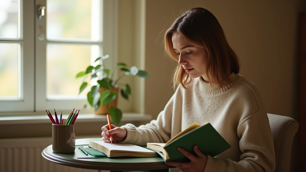 Osoba se zeleným deníkem a barevnými tužkami v útulném domácím prostředí psící svoji reflexi