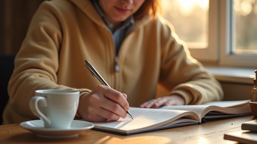 Osoba psací do notebooku s kávou, slunečný stůl, přirozené osvětlení