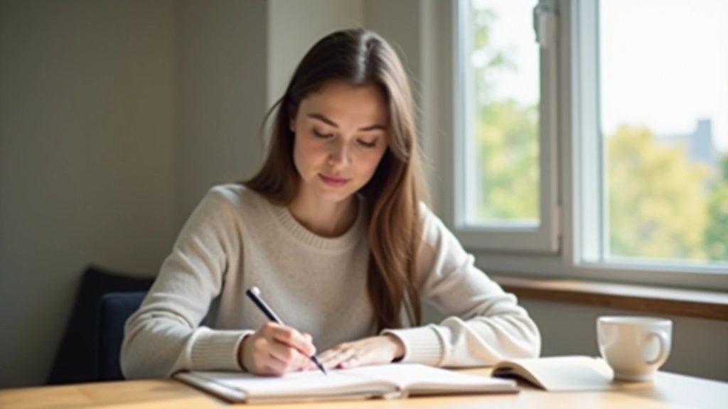 Osoba při reflexi a psaní poznámek o měsíčních trendech v deníku s šálkem čaje