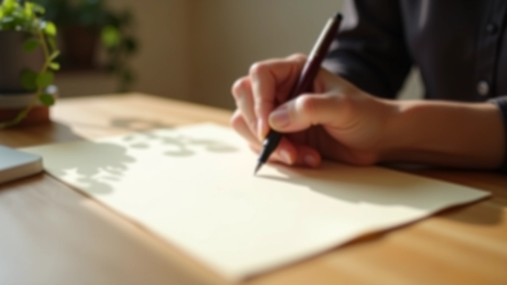 Osoba píše dopis s pérem, vyjadřuje uznání a vděčnost písmenem, intimní chvíle