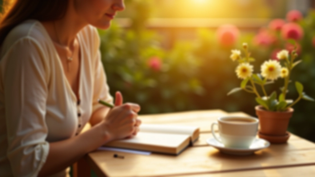 Osoba píše v deníku vděčnosti na slunečné terase s kávou a květinami kolem