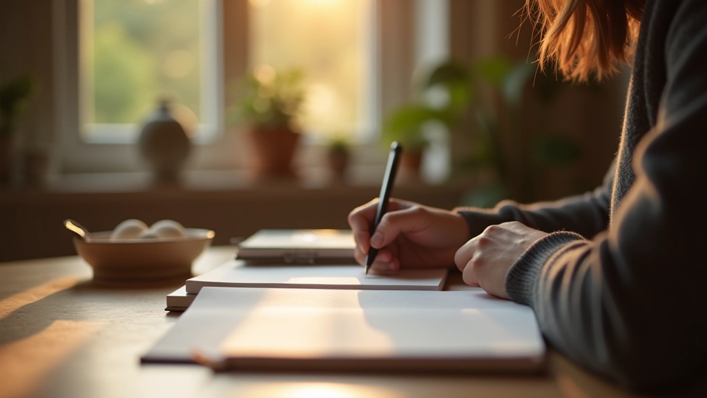 Osoba píše v notesáku s perem v tichém prostředí plném přirozeného světla