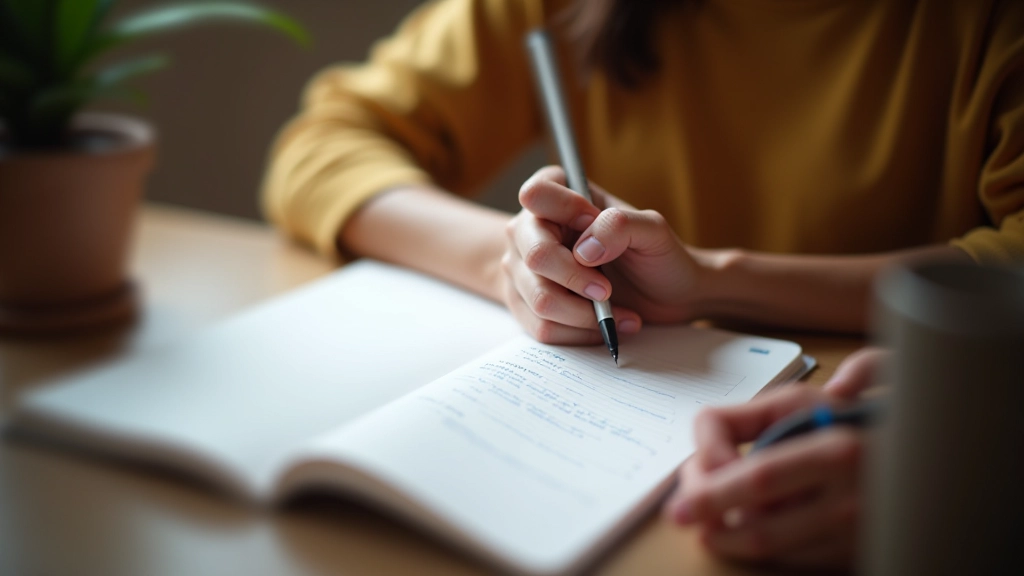 Osoba píše poznámky do deníku o svých pozorováních a náladě