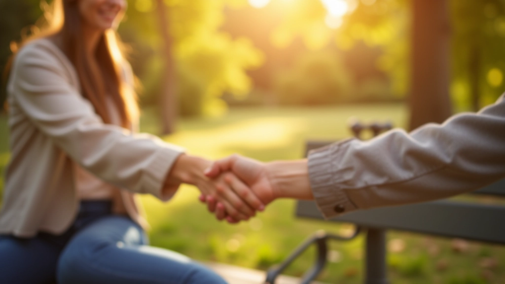 Dvě osoby si podávají ruce na slunečné lavičce v parku, radostný moment
