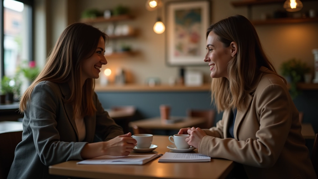 Dva lidé si povídají při kávě v gemütné kavárně, vřelá chvíle rozhovoru a uznání