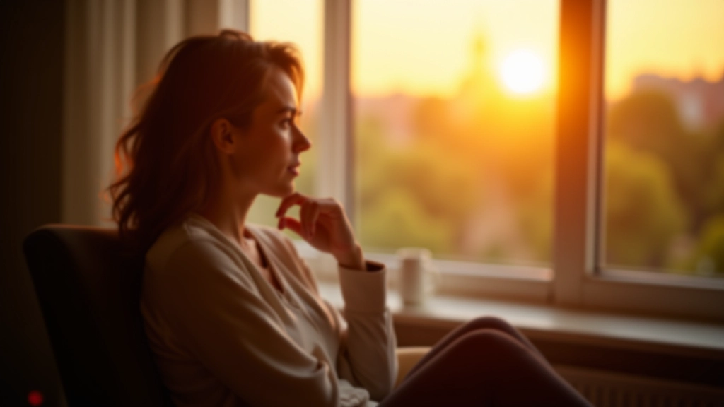 Osoba v kanceláři seděla na židli a sledovala západ slunce oknem s klidným výrazem