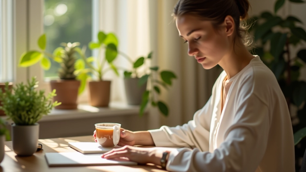 Žena píšící do deníku s šálkem čaje